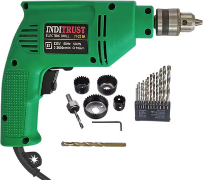 Inditrust 10mm Electric reversible drill machine 500w with 6pc Holesaw 13pc hss 1pc Masonry bit set (Pack of 4) Hammer Drill(10 mm Chuck Size, 500 W)