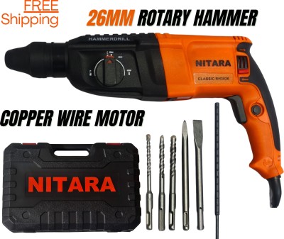 RAJROYALS NITARA Original 26mm Speedy hammer drilling machine 6,8,10mm, 2pcs chisels Heavy-Duty 26mm with 5pcs SDS Plus bits 1200W Variable Speed 0-1100RPM, 3-Mode Rotary Hammer Drill(26 mm Chuck Size, 1200 W)