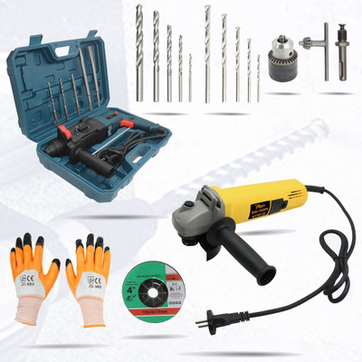 Hillgrove HGCM369M1 26mm Hammer Drill Machine Forward/Reverse Rotation with Angle Grinder Drill Chunk(13mm),5Pcs SDS Plus Bits,SDS Adapter and 10 Masonry+ HSS Drill Bits Rotary Hammer Drill(26 mm Chuck Size, 1200 W)