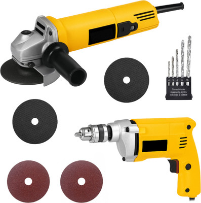 RanPra 4INCH ANGLE GRINDER & 10MM DRILL MACHINE | MASONRY DRILL BIT & 4 WHEEL | Power & Hand Tool Kit(7 Tools)