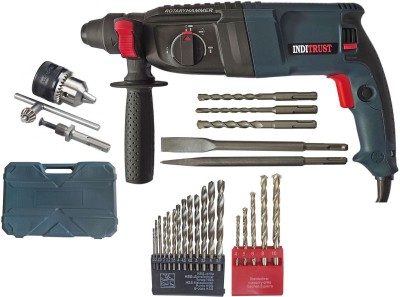 Inditrust 6-Month Warranty new Heavy duty 26mm 1250W Reversible hammer machine with 13mm Drill chuck key with adapter & 5pc Masonry and 13pc Hss bit set Rotary Hammer Drill(26 mm Chuck Size, 1250 W)