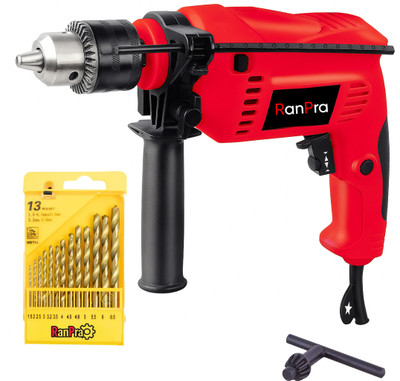 RanPra 13MM POWER DRILL MACHINE WITH 13PCS DRILL BIT SET WITH COPPER ARMATURE AND 2 MODE SELECTOR, VARIABLE SPEED , REVERSE ROTATION Pistol Grip Drill(13 mm Chuck Size)