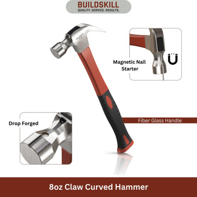 BUILDSKILL BCH08FB 450 Gram hammer | fibreglass handle | claw & flat head | magnetic nail starter| Curved Claw Hammer(0.45 kg)