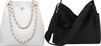 Trendycraft Women Black, White Tote(Pack of: 2)