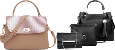 Dotiq Women Beige, Black Handbag(Pack of: 2)