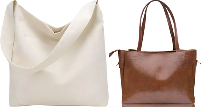 Trendycraft Women Tan, White Tote(Pack of: 2)