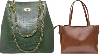 Trendycraft Women Tan, Green Tote(Pack of: 2)