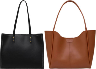 Trendycraft Women Black, Tan Tote(Pack of: 2)