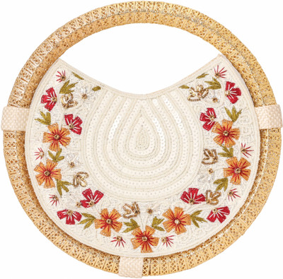 Aikaa White Sling Bag Round Embroidered Hand Clutch For Women