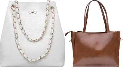 Trendycraft Women Tan, White Tote(Pack of: 2)