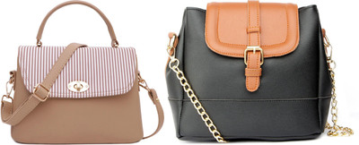 Dotiq Women Beige, Black Handbag(Pack of: 2)
