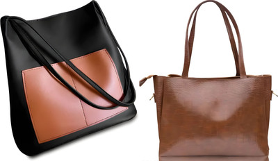 Trendycraft Women Tan, Black Tote(Pack of: 2)