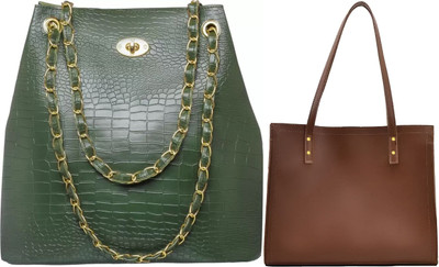 Trendycraft Women Tan, Green Tote(Pack of: 2)