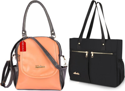M R ALKA Women Black, Orange Handbag(Pack of: 2)