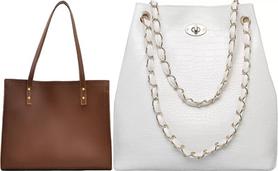 Trendycraft Women Tan, White Tote(Pack of: 2)