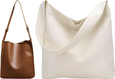 Trendycraft Women White, Beige Hobo(Pack of: 2)