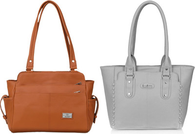 Lazzaroo Women Tan, Grey Shoulder Bag(Pack of: 2)