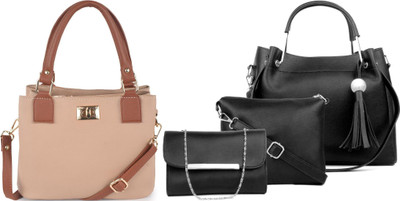 Dotiq Women Beige, Black Handbag(Pack of: 2)
