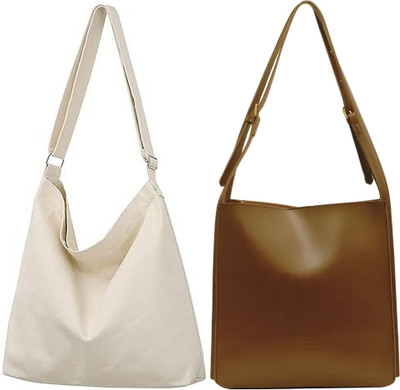 Trendycraft Women White, Brown Sling Bag(Pack of: 2)