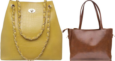 Trendycraft Women Tan, Yellow Tote(Pack of: 2)