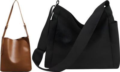 Trendycraft Women Black, Beige Tote(Pack of: 2)