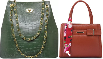 Trendycraft Women Tan, Green Handbag(Pack of: 2)