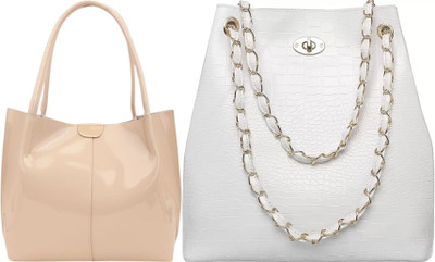 Trendycraft Women Beige, White Handbag(Pack of: 2)