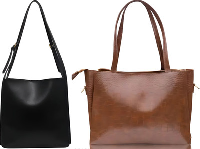 Trendycraft Women Tan, Black Tote(Pack of: 2)
