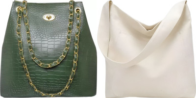 Trendycraft Women White, Green Hobo(Pack of: 2)