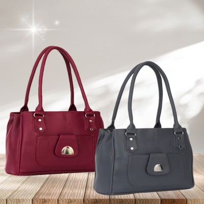 Heaven Your Choice Women Grey, Maroon Handbag(Pack of: 2)