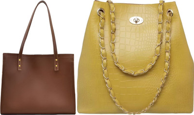Trendycraft Women Tan, Yellow Tote(Pack of: 2)