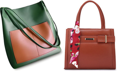 Trendycraft Women Tan, Green Handbag(Pack of: 2)