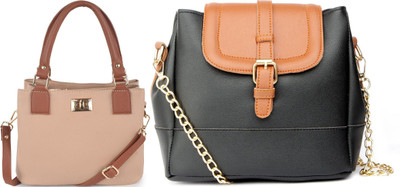 Dotiq Women Beige, Black Handbag(Pack of: 2)