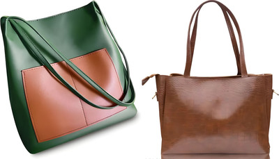 Trendycraft Women Tan, Green Tote(Pack of: 2)