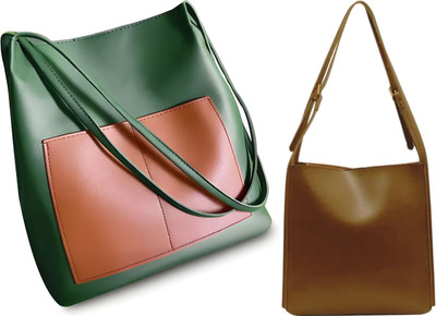 Trendycraft Women Green, Tan Shoulder Bag(Pack of: 2)