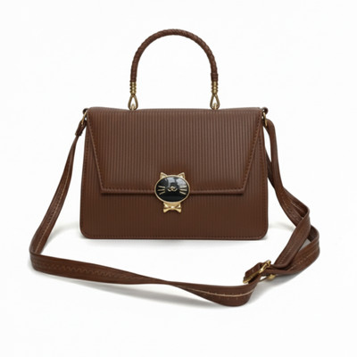 Herself Brown Satchel Women’s Elegant Brown Cat Emblem Structured Satchel Bag with Top Handle