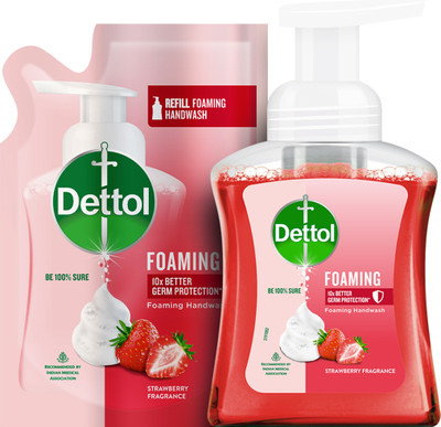 Dettol Foaming Handwash Pump + Refill Combo, Strawberry (250ml + 200ml) Hand Wash Bottle + Refill(450 ml)