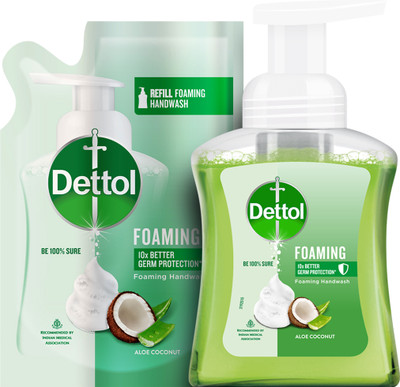 Dettol Foaming Handwash Pump + Refill Combo, Aloe Coconut (250ml + 200ml) Hand Wash Bottle + Refill(450 ml)