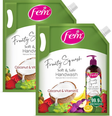 Fem Fruity Squash Liquid Handwash-Pack of 2 | Enriched With Goodness Of Coconut Milk Hand Wash Refill Pouch(2 x 1500 ml)