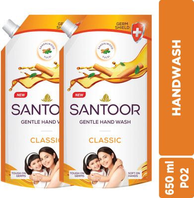 Santoor Classic Gentle with Goodness of Sandalwood & Tulsi Hand Wash Pouch(2 x 650 ml)