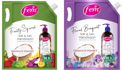 Fem Floral Bouquet + Fruity Squash Liquid Handwash - Pack of 2 | With Coconut Milk Hand Wash Refill Pouch(2 x 1500 ml)