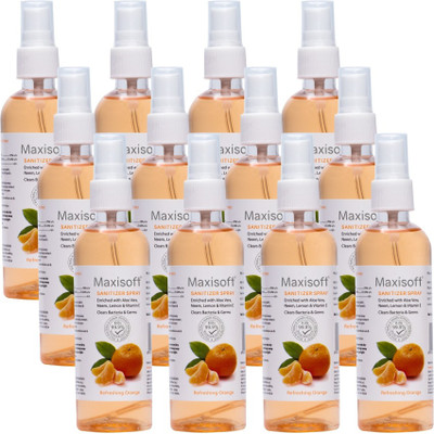Maxisoft Sanitizer Spray (Orange) 120 ml | Aloe & Neem | Paraben Free Hand Sanitizer Bottle(12 x 120 ml)