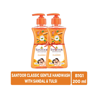 Santoor by Wipro Classic Gentle with Goodness of Sandalwood & Tulsi Hand Wash Pump Dispenser(2 x 100 g)