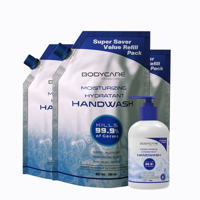 My Bodycare personal essantials Refreshing & Moisturizing Hydratant Germ Protection Liquid Soap Handwash Formulation With Chlor-Hexidine Gluconate, Free From All Harmful Chemicals Combo Pack Of 4 Hand Wash Bottle + Refill(4 x 437.5 ml)