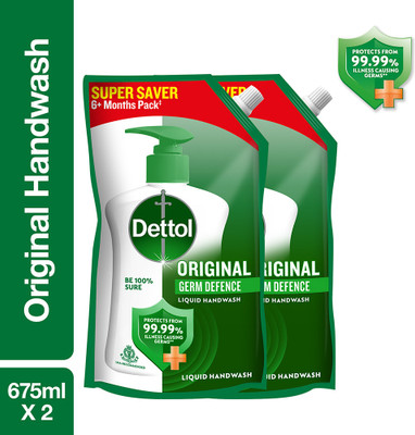 Dettol Original , liquid for bottle, Pouch, no powder, 10X Germ Protection, soap Hand Wash Pouch(2 x 675 ml)