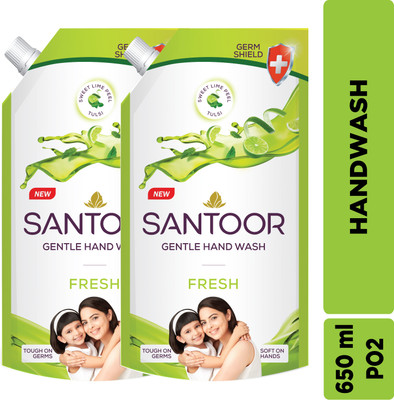 Santoor Fresh Gentle with Goodness of Sweet Lime Peel & Tulsi Hand Wash Pouch(2 x 650 ml)