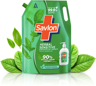 Savlon Herbal Sensitive Germ Protection Liquid Handwash Refill, 99.99% Germ Protection Hand Wash Refill Pouch(1.35 L)