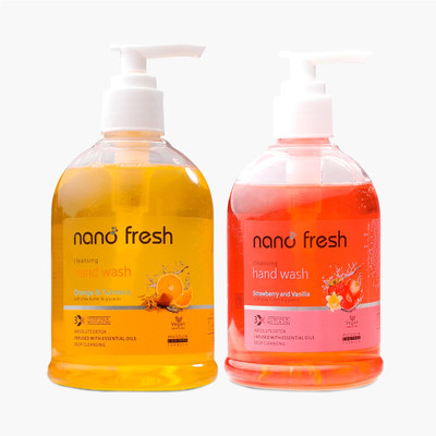 Nano Fresh Orange and Turmeric + Strawberry & vanilla blended with shea Butter cleansing Hand Wash Pump Dispenser(2 x 300 ml) Nano Fresh Orange and Turmeric + Strawberry & vanilla blended with shea Butter cleansing Hand Wash Pump Dispenser(2 x 300 ml)