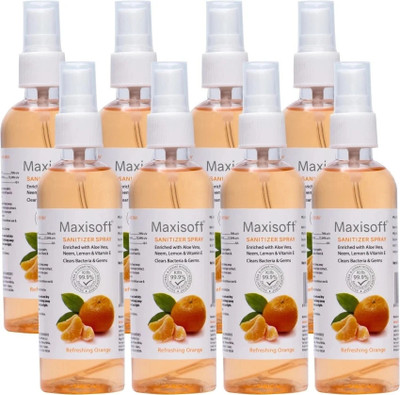 Maxisoft Sanitizer Spray (Orange) 120 ml | Aloe & Neem | Paraben Free Hand Sanitizer Bottle(8 x 120 ml)