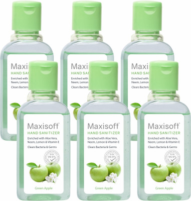 Maxisoft Sanitizer (Green Apple) | Aloe & Neem | Paraben Free Hand Sanitizer Bottle(6 x 60 ml)